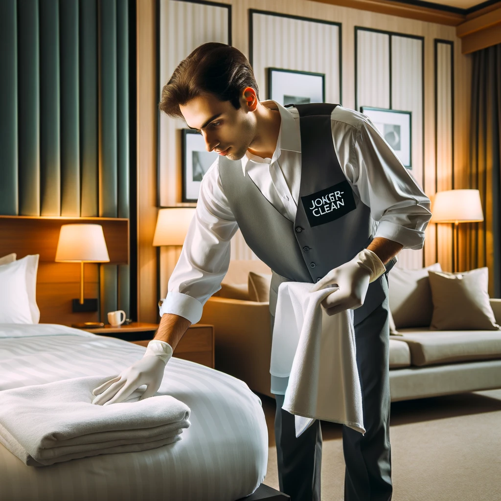 Hotelreinigung Mitarbeiter von Joker-Clean reinigt ein Hotelzimmer gründlich und professionell